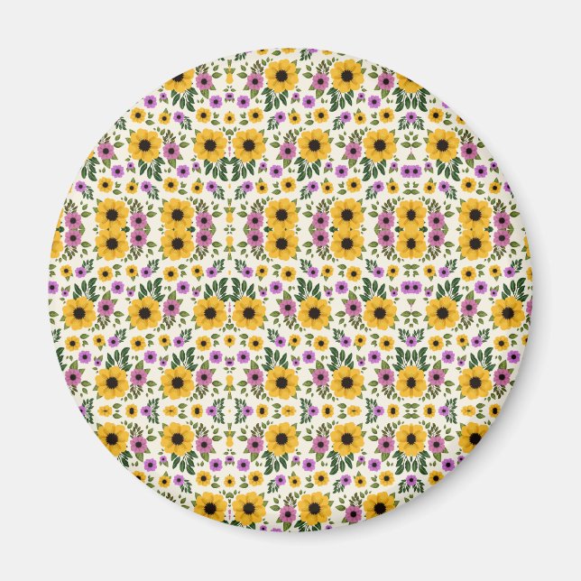 Imán Botón floral circular con amarillo vibrante (Frente)