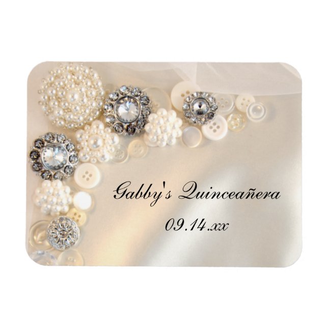 Imán Botones de Perla Blanca y de Diamante Quinceañera (Horizontal)