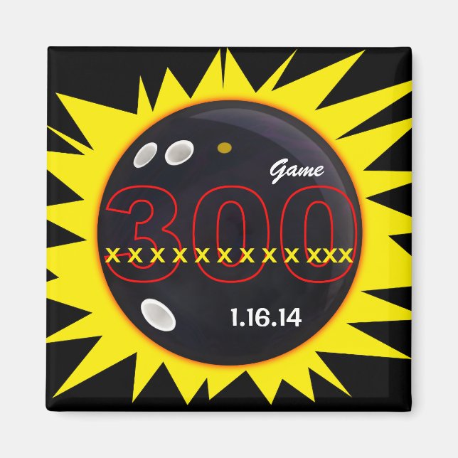 Imán Bowling, 300 juego perfecto, 12X, negro y amarillo (Frente)