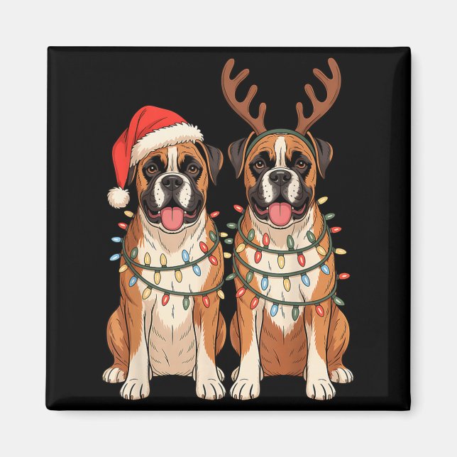 Imán Boxer Dog Christmas Santa Hat Reindeer Lights Paja (Frente)