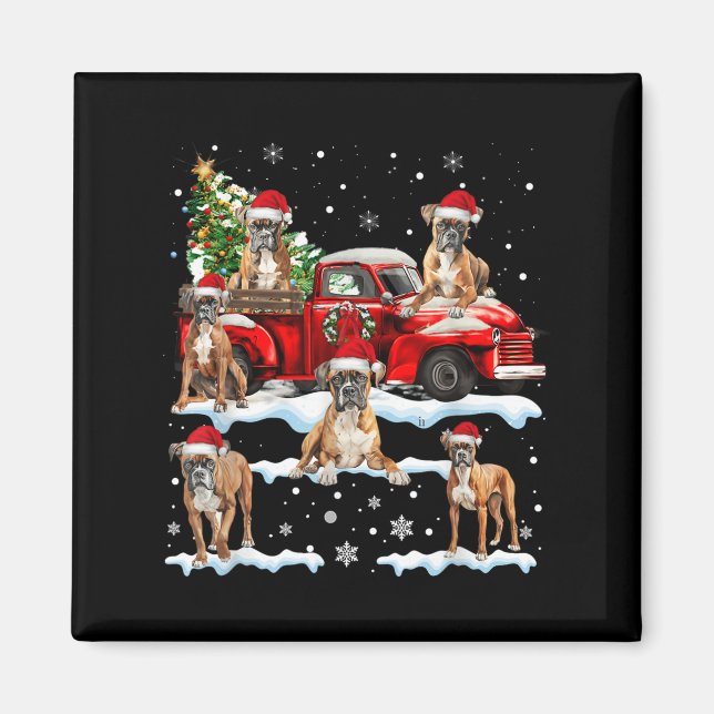 Imán Boxer Dog Riding Camión Rojo Suéter Feo Merry Chri (Frente)