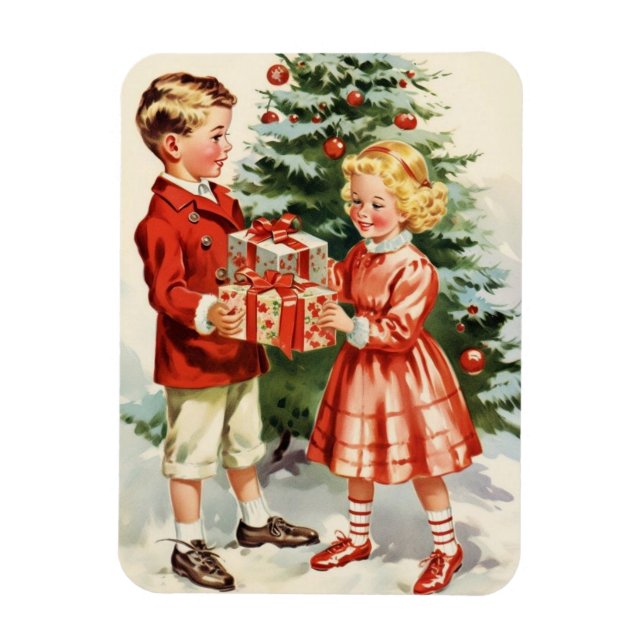 Imán Boy and girl giving each other Christmas presents (Vertical)