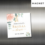 Imán Bridal Shower rosa oro floral eucalipto favor<br><div class="desc">Un fondo blanco moda. Decorada con un oro rosa, floral rosa rosa, floral (rosa) y hojas de eucalipto de color verde acuático y verde, brotes, vegetación y una falsa primavera dorada. Personaliza y agrega el nombre de la novia para ser y una fecha. Letras negras y doradas. Perfecto como un...</div>