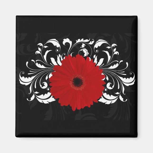 Imán Brillante Red Gerbera Daisy sobre negro (Frente)