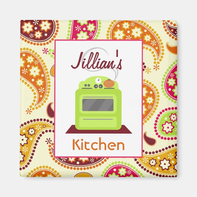 Imán Brillante Retro Retro Stove & Paisley Kitchen Magn (Frente)