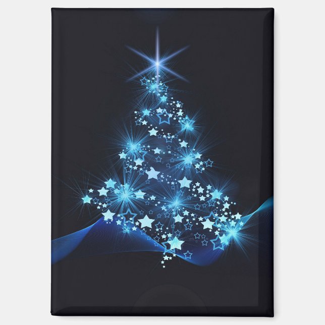 Imán Brillo azul de estrellas en árbol de Navidad oscur (Anverso)