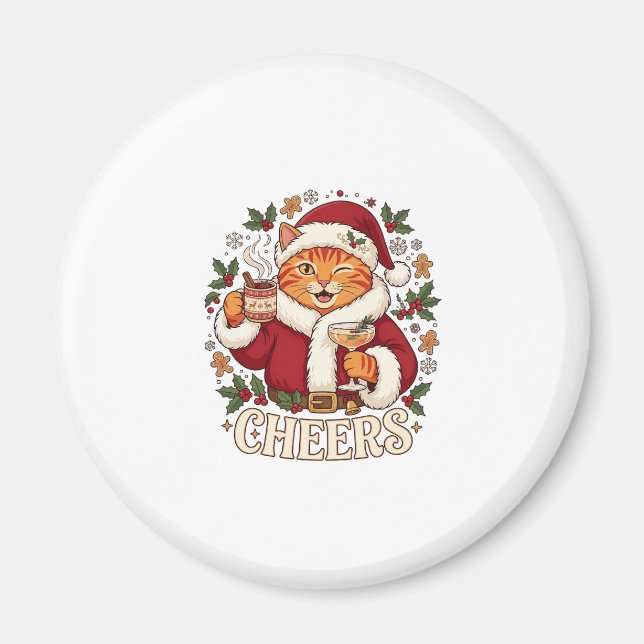 Imán Brindis Navidad Naranja Gato Santa Sombrero Bebida (Frente)