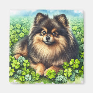 Imán Brindle Pomeranian Watercolor Clover Shamrock