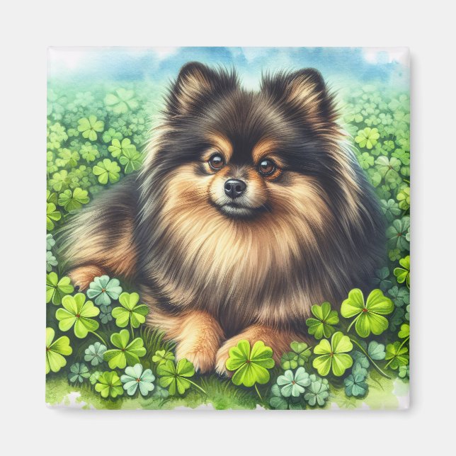Imán Brindle Pomeranian Watercolor Clover Shamrock (Frente)
