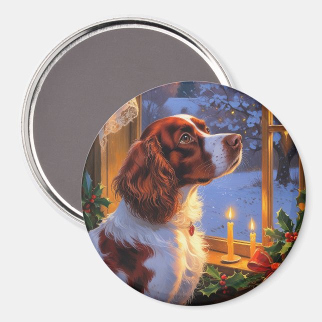 Imán Brittany Spaniel con Luces de Navidad Fiesta  (Anverso/Reverso)