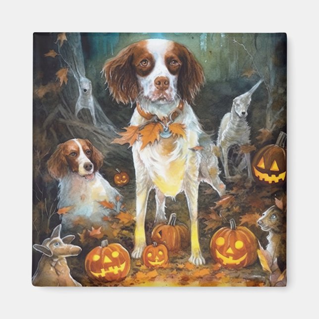 Imán Brittany Spaniel de Halloween con calabazas aterra (Frente)
