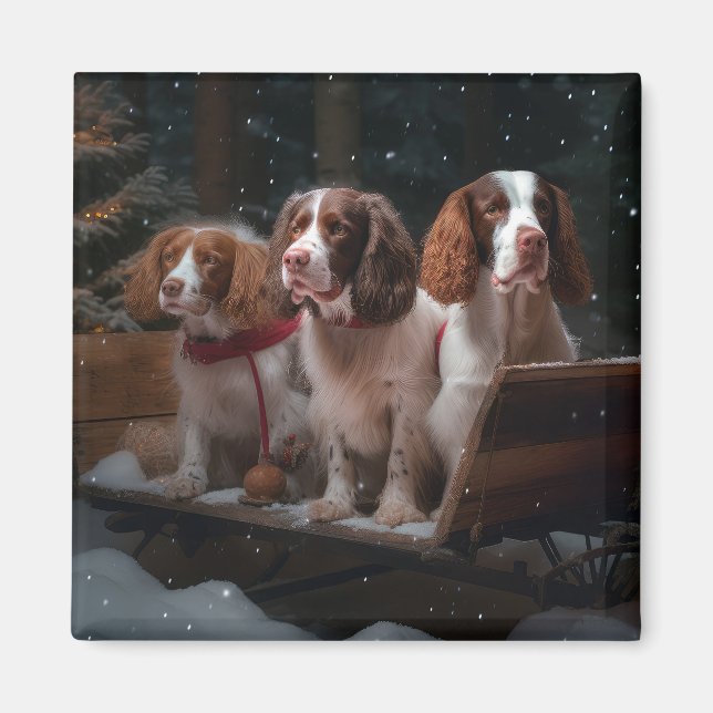 Imán Brittany Spaniel Nevado Trineo Navidad Decoración  (Frente)