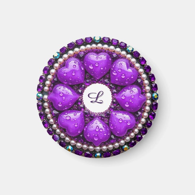 Imán Broche de joyería circular púrpura con corazón (Frente)