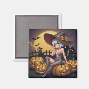 Imán Bruja de Halloween con Ojo Verde en Jack-O-Lantern