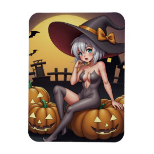 Imán Bruja de Halloween con ojos verdes sobre Jack-O-La