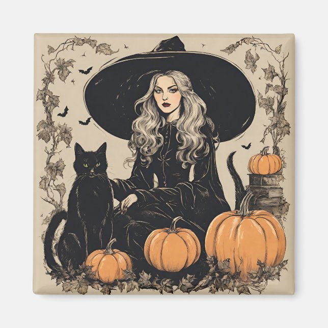Imán Bruja de Halloween de época con gato negro (Frente)