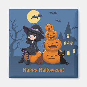 Imán Bruja de Halloween, gato negro y calabazas