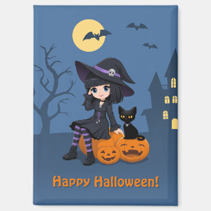 Imán Bruja de Halloween, gato negro y calabazas curvas