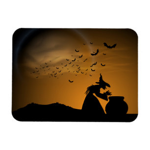 Imán Bruja de Halloween y caldero con murciélagos