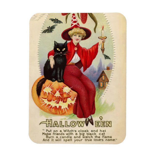 Imán Bruja de Halloween y gato negro (Vertical)