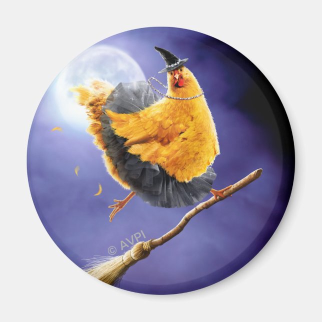Imán Bruja de pollo en Broomstick (Frente)