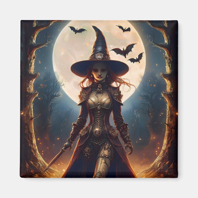 Imán Bruja del bosque steampunk de Halloween (Frente)
