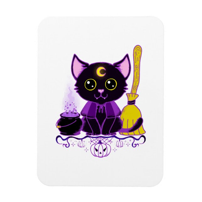 Imán Bruja Gato Negro de Halloween Adorable (Vertical)