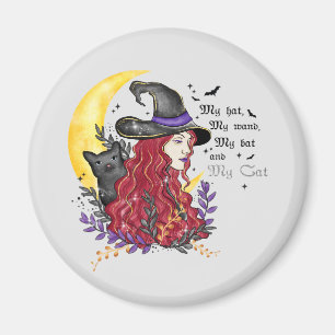 Imán Bruja, gato negro y luna creciente