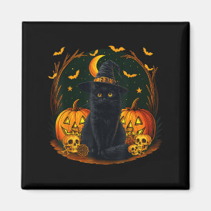 Imán Bruja negra de gato retro y calabaza de Halloween