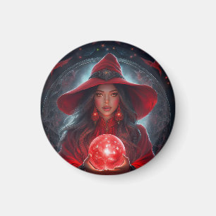 Imán Bruja Roja Con Bola De Cristal Y Fondo Increíble