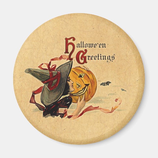 Imán Bruja Vintage de Halloween con Cintas Rojas (Frente)