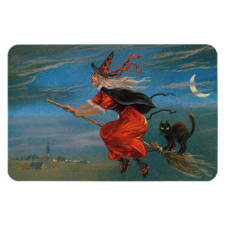 Imán Bruja volando con gato negro en la noche de Hallow