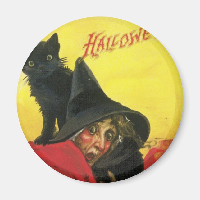 Imán Bruja y gato de Halloween vintage (Frente)