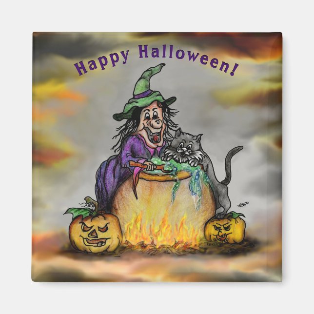Imán Bruja y gato negro, ¡Feliz Halloween! (Frente)