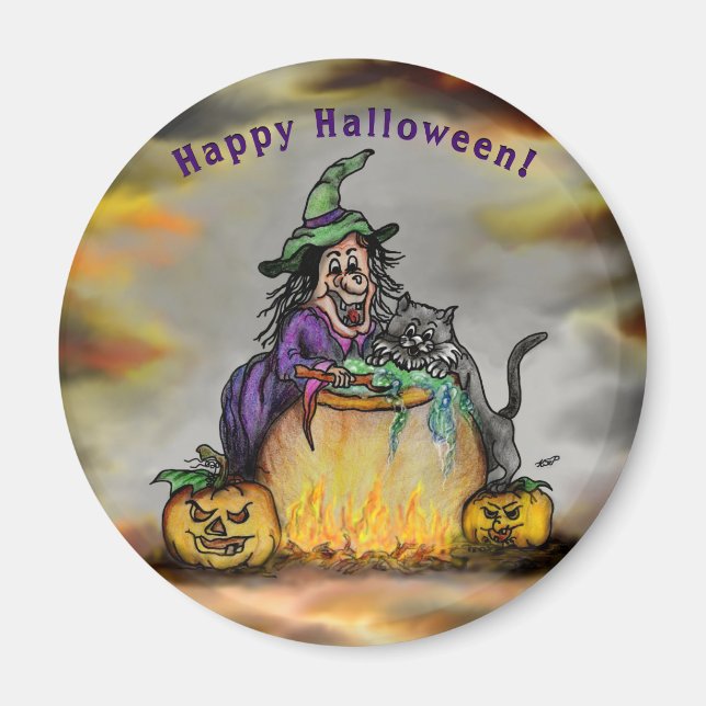 Imán Bruja y gato negro, ¡Feliz Halloween! (Frente)