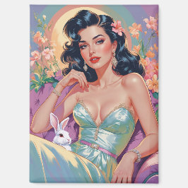 Imán Brunette Pin-Up con Conejo de Pascua
