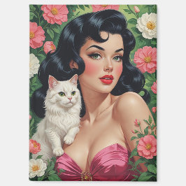 Imán Brunette Pin-Up con gato blanco lindo