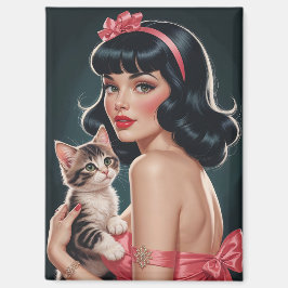 Imán Brunette Pin-Up con retrato de gatito lindo