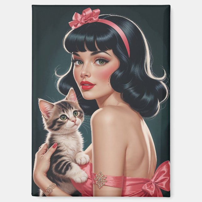 Imán Brunette Pin-Up con retrato de gatito lindo (Anverso)
