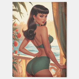 Imán Brunette Pin Up Green Bikini Seaview Balcony