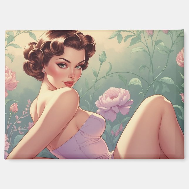 Imán Brunette Pin Up Pastel Flowers (Anverso)
