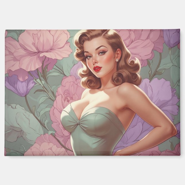 Imán Brunette Pin Up Pastel Flowers (Anverso)