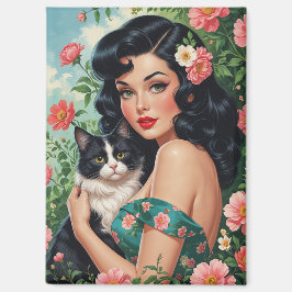 Imán Brunette Pin-Up sosteniendo un gato lindo