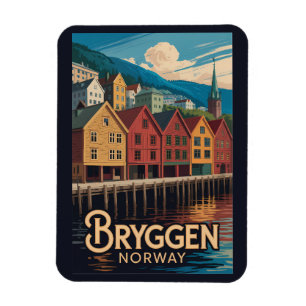 Imán Bryggen Noruega Ilustración Arte de viaje Bergen