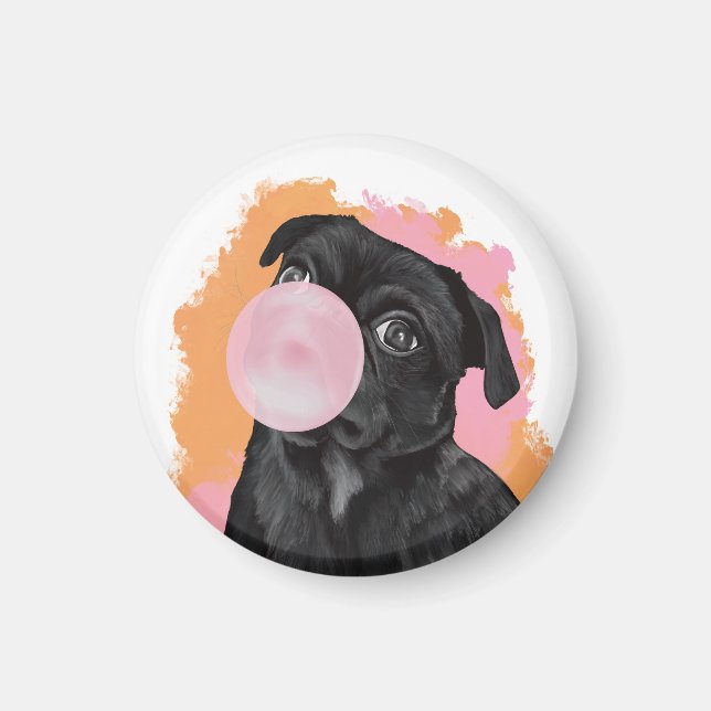 Imán Bubblegs rosado retro Black Pug (Frente)