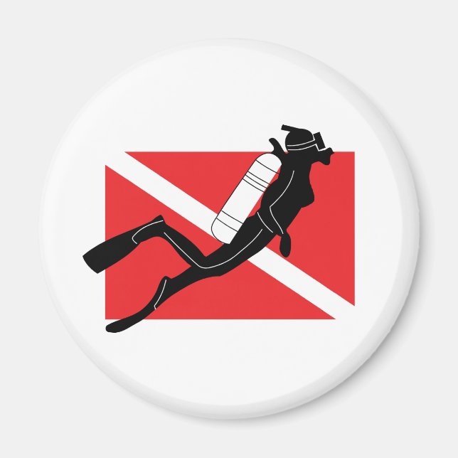 Imán Buceador SCUBA con bandera abajo con buzo femenino (Frente)