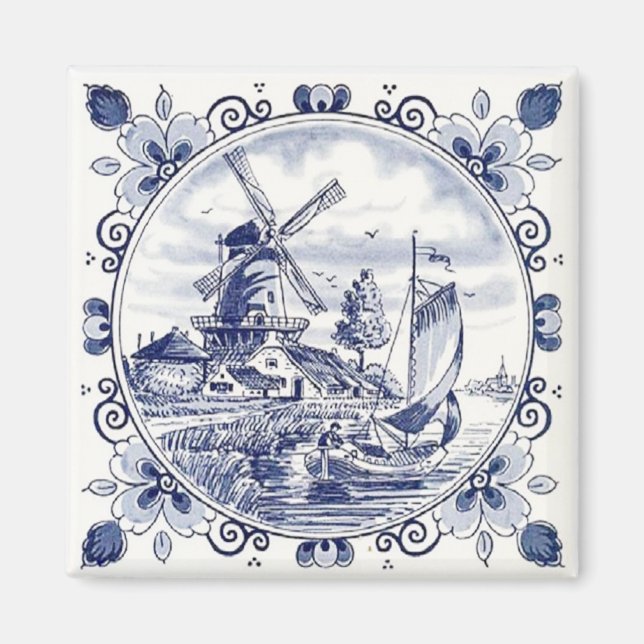 Imán Buceo Vintage Holandés de vela Delft Blue (Frente)
