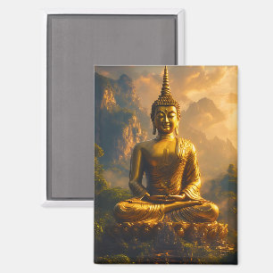 Imán Buda sentado dorado bajo un cielo de puesta de sol