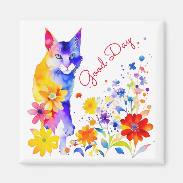 Imán Buen Día | Gato y Flores en Acuarela  (Frente)