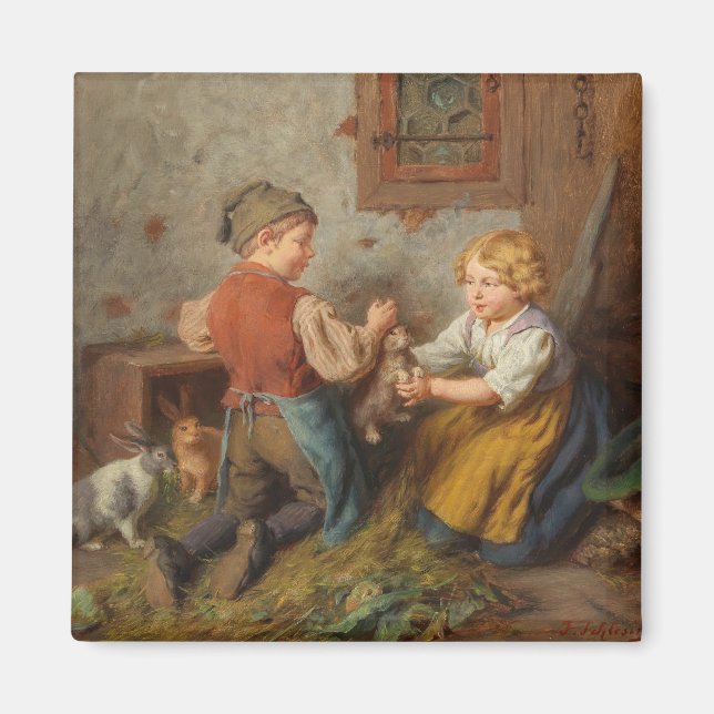 Imán Buenos Amigos (Jóvenes Jugando Con Conejo Mascota) (Frente)